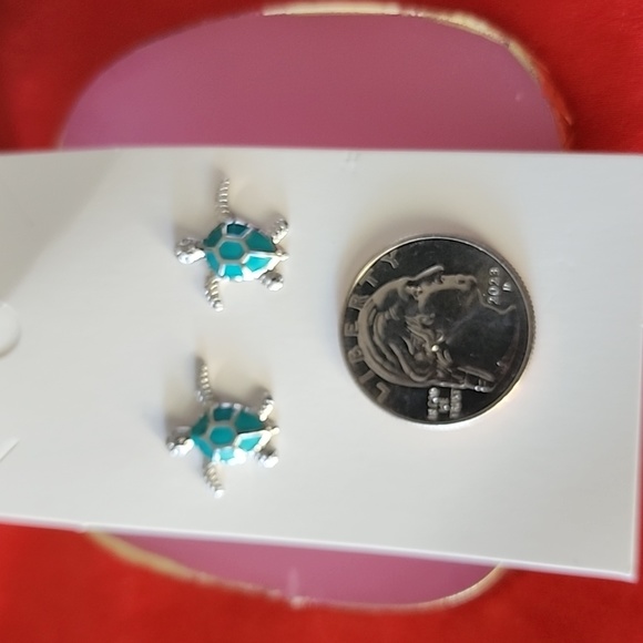 Little Turquoise Turtle Earrings Sterling Silver - Picture 4 of 4